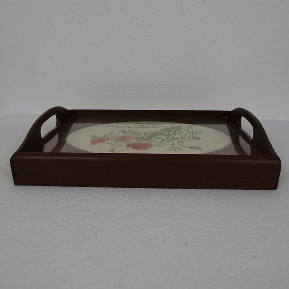 Vintage Wood Serving Tray with Floral Cross Stitch Insert Clear Plastic Overlay - Picture 7 of 9